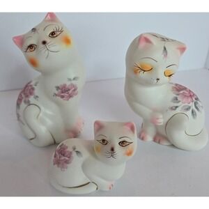 Set of 3 Ceramic Cat Figurines Floral Pink Accents Hand Painted Style